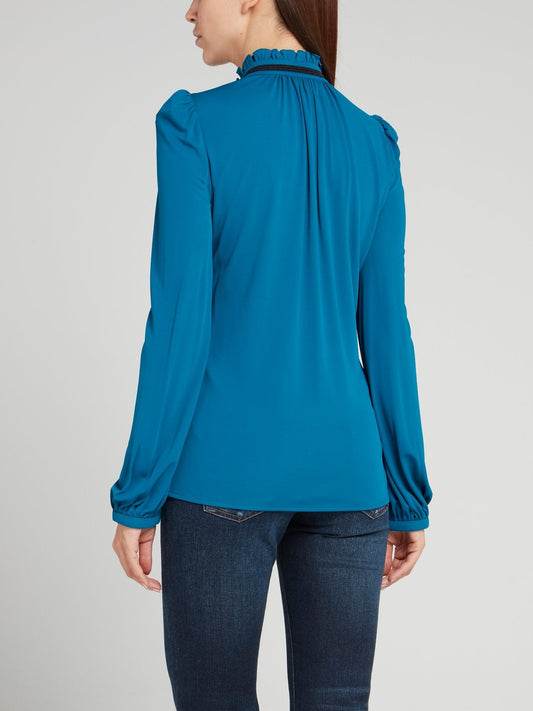 Blue Keyhole Ruffle Neck Top