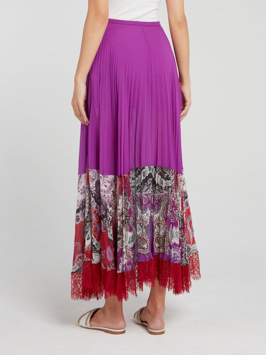 Purple Lace Panel Ruffled Maxi Skirt