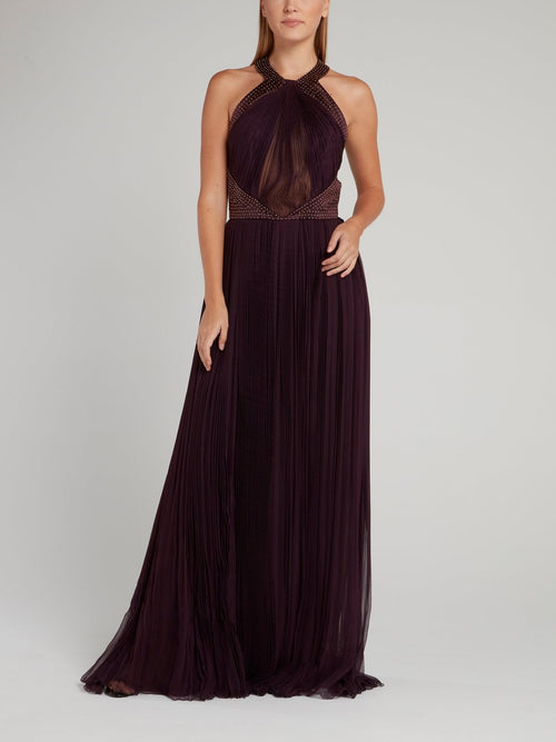 Studded Halter Tulle Maxi Dress