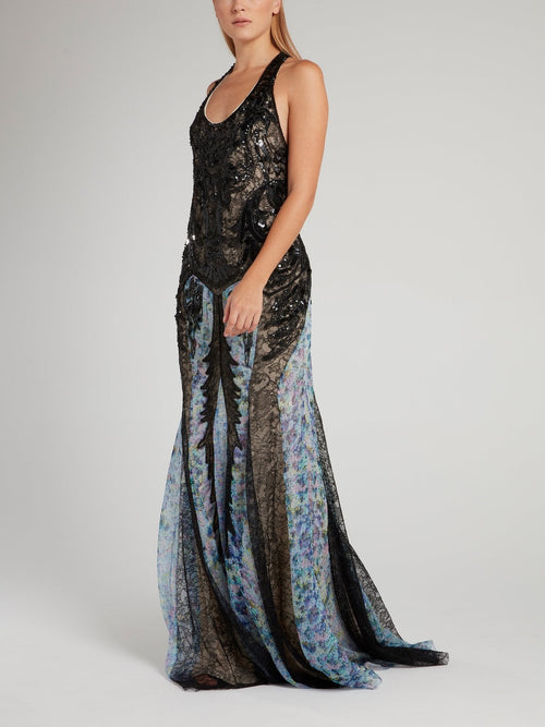 Beadwork Lace Halter Maxi Dress