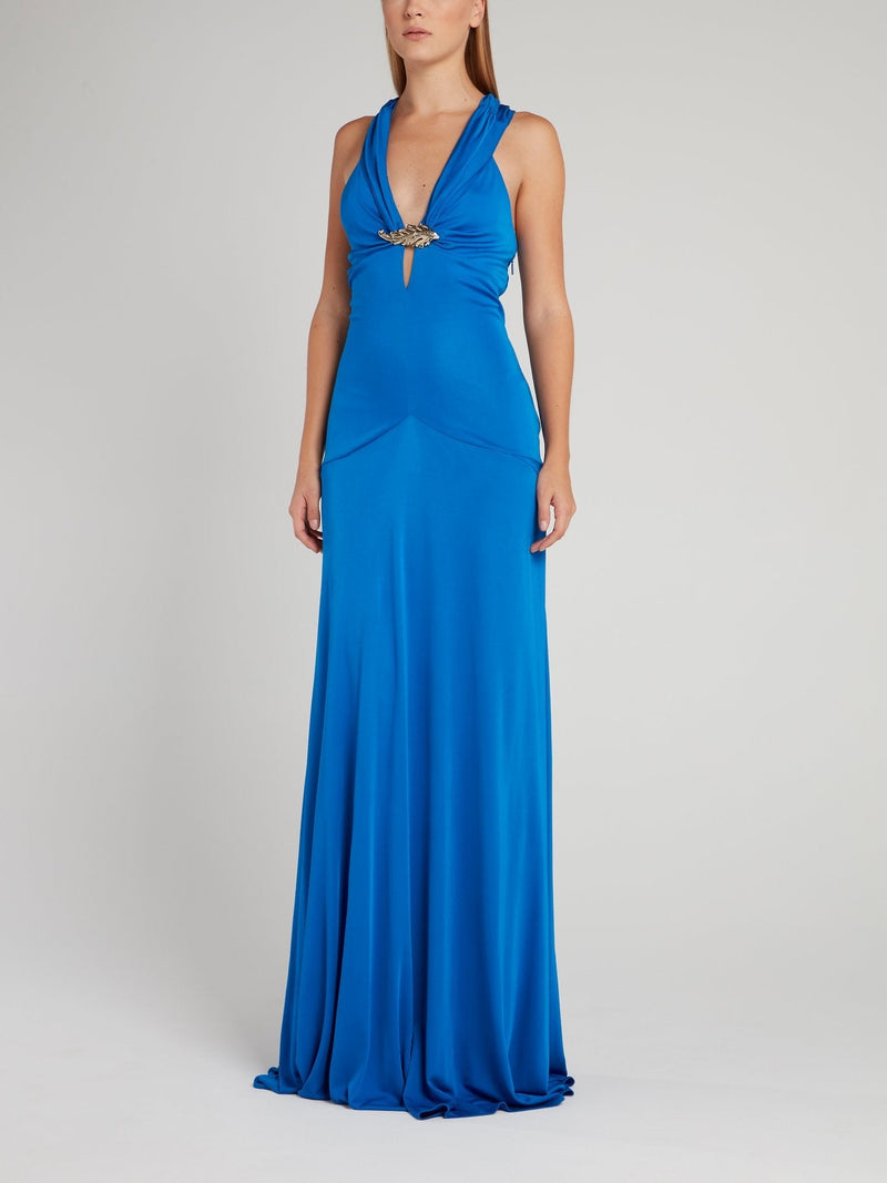 Blue Cross Back Plunge Maxi Dress