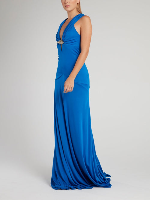 Blue Cross Back Plunge Maxi Dress