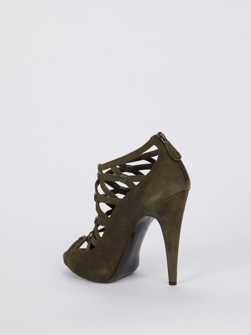 Olive Suede Cage Pumps