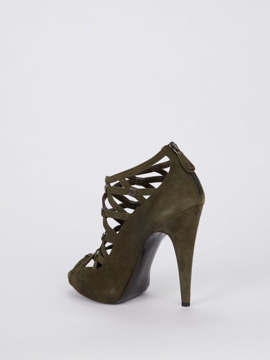 Olive Suede Cage Pumps