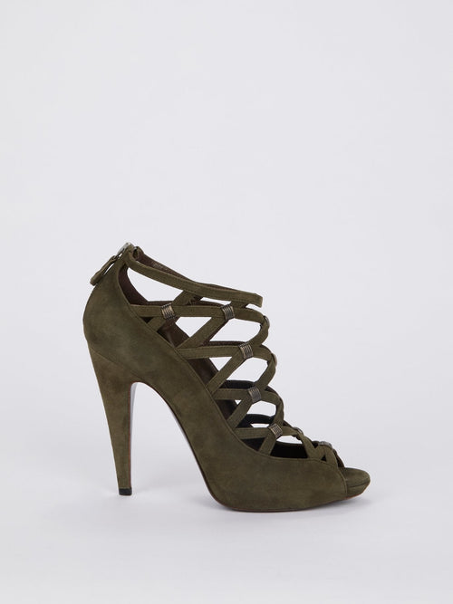 Olive Suede Cage Pumps