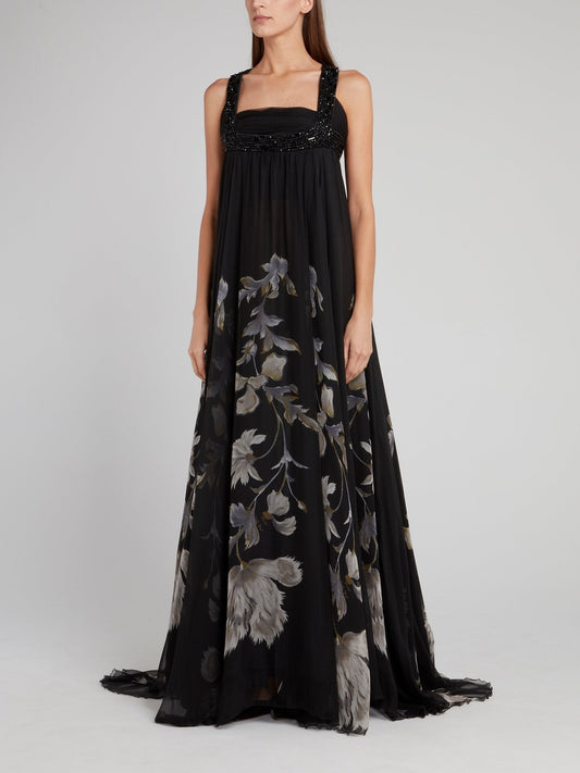 Black Open-Back Floral Printed Maxi Dress