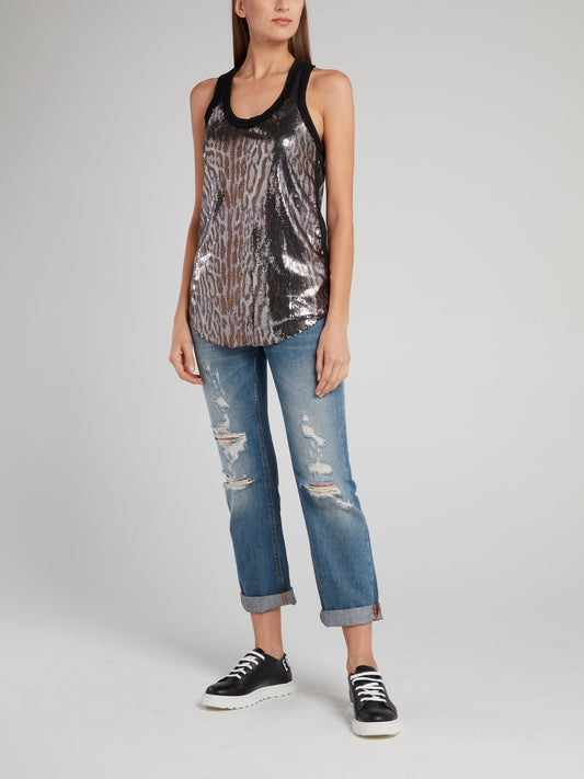 Sequin Embroidered Metallic Animal Print Tank Top