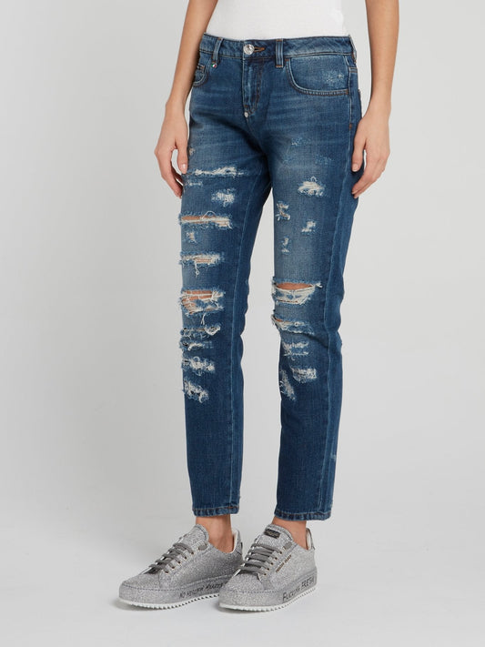 Blue Distressed Slim Fit Boyfriend Jeans