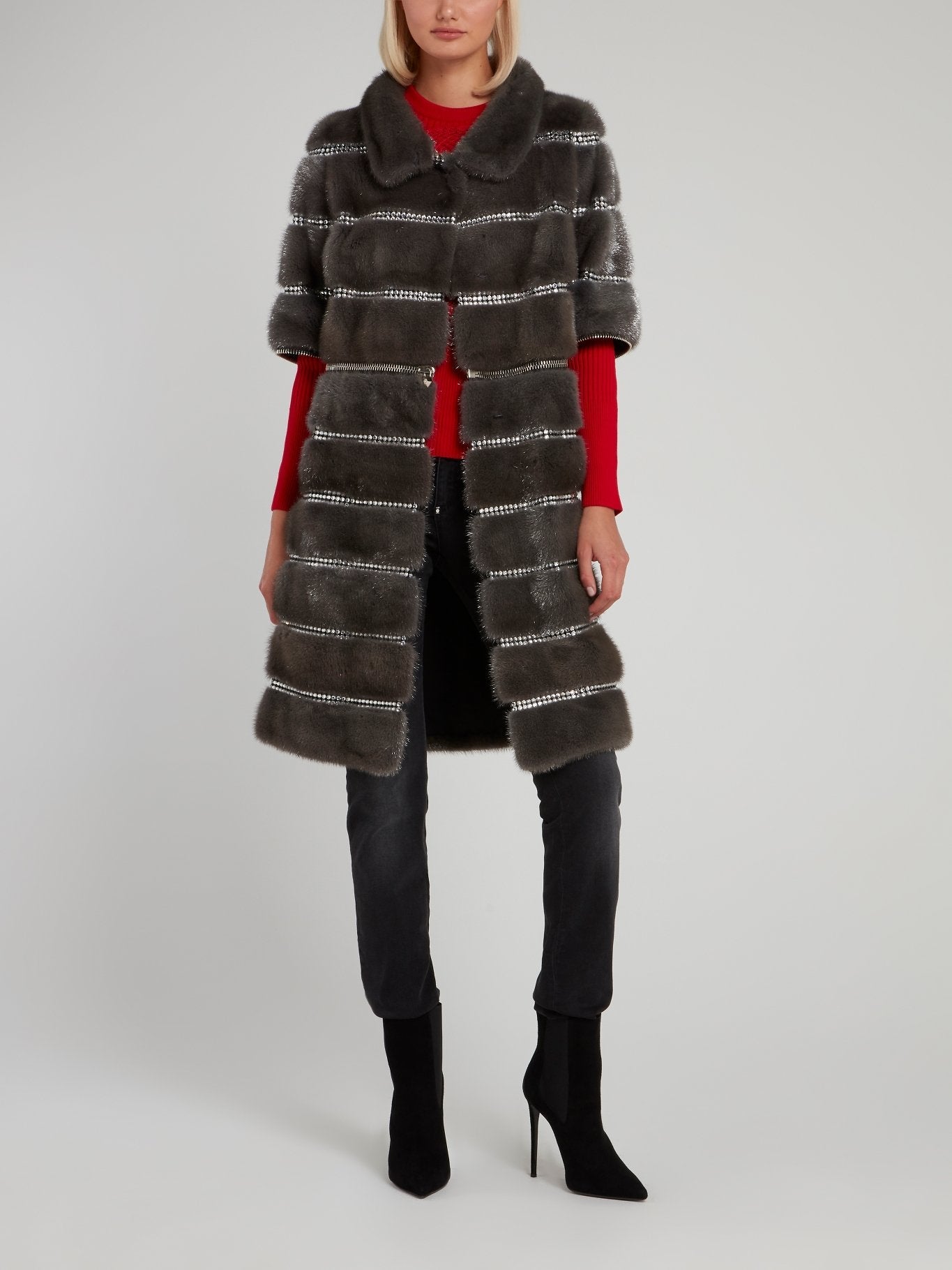 Ash Crystal Embellished Fur Coat