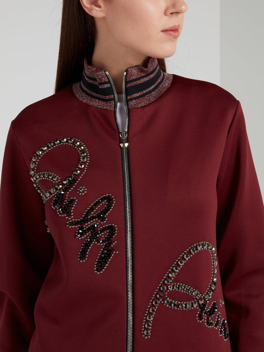 Burgundy Embellished Logo High Neck Jacket