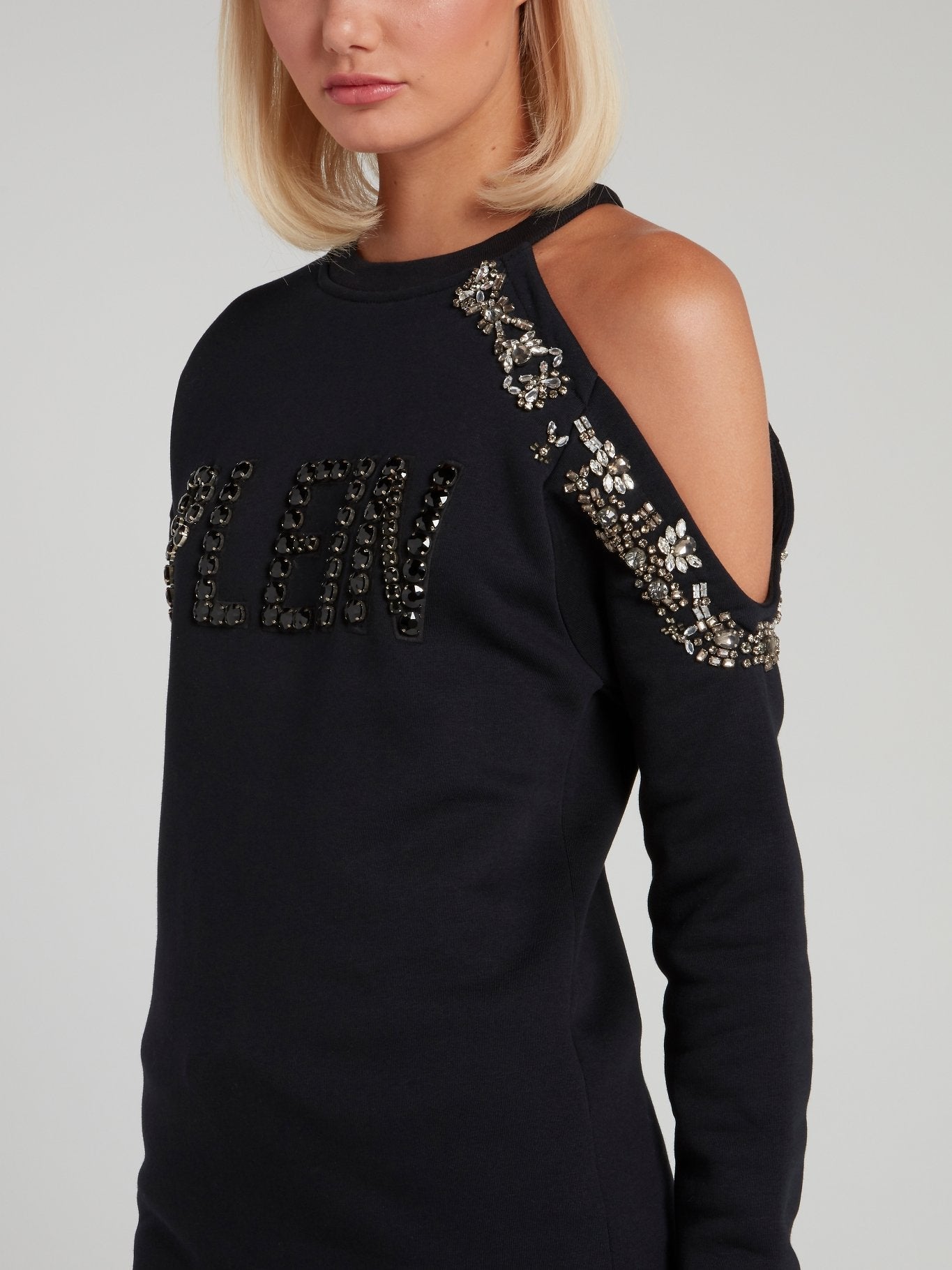 Navy Crystal Studded Cold Shoulder Sweatshirt