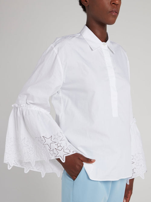 White Perforated Star Bell Sleeve Shirt