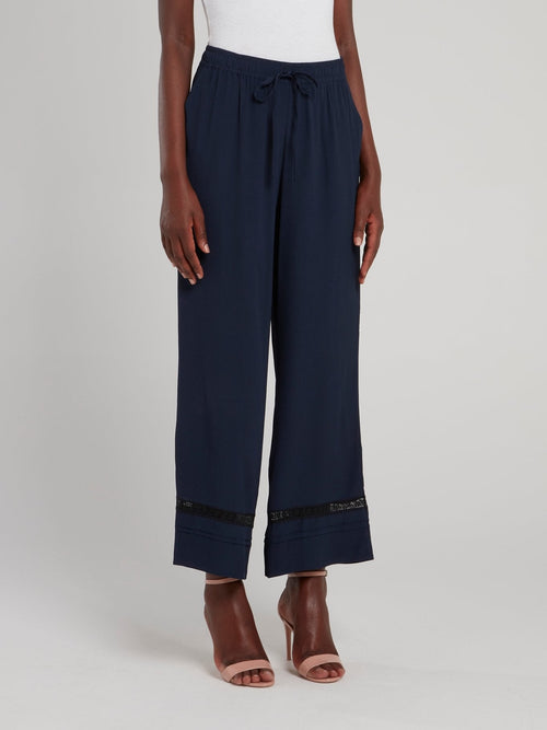 Navy Lace Panel Wide Leg Pants