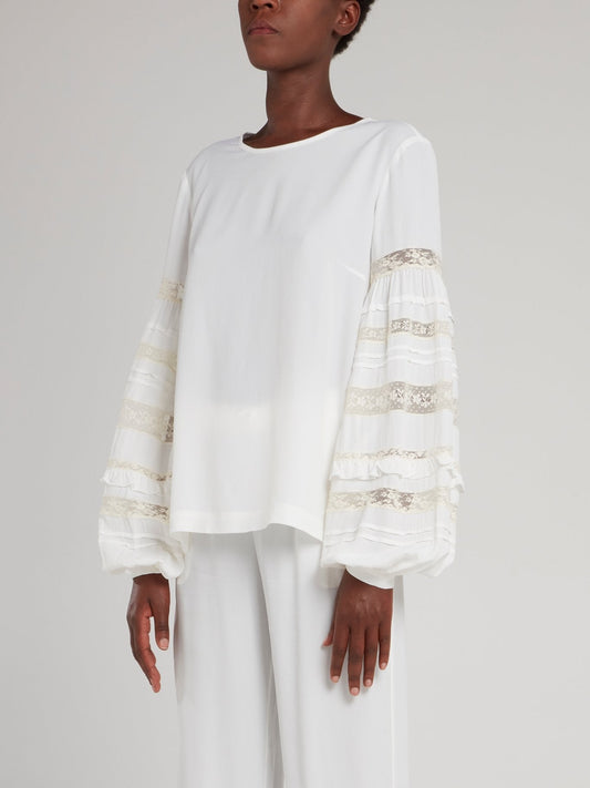 White Lace Panel Lantern Sleeve Top