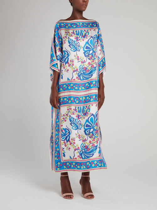 Blue Printed Boat Neck Maxi Dress