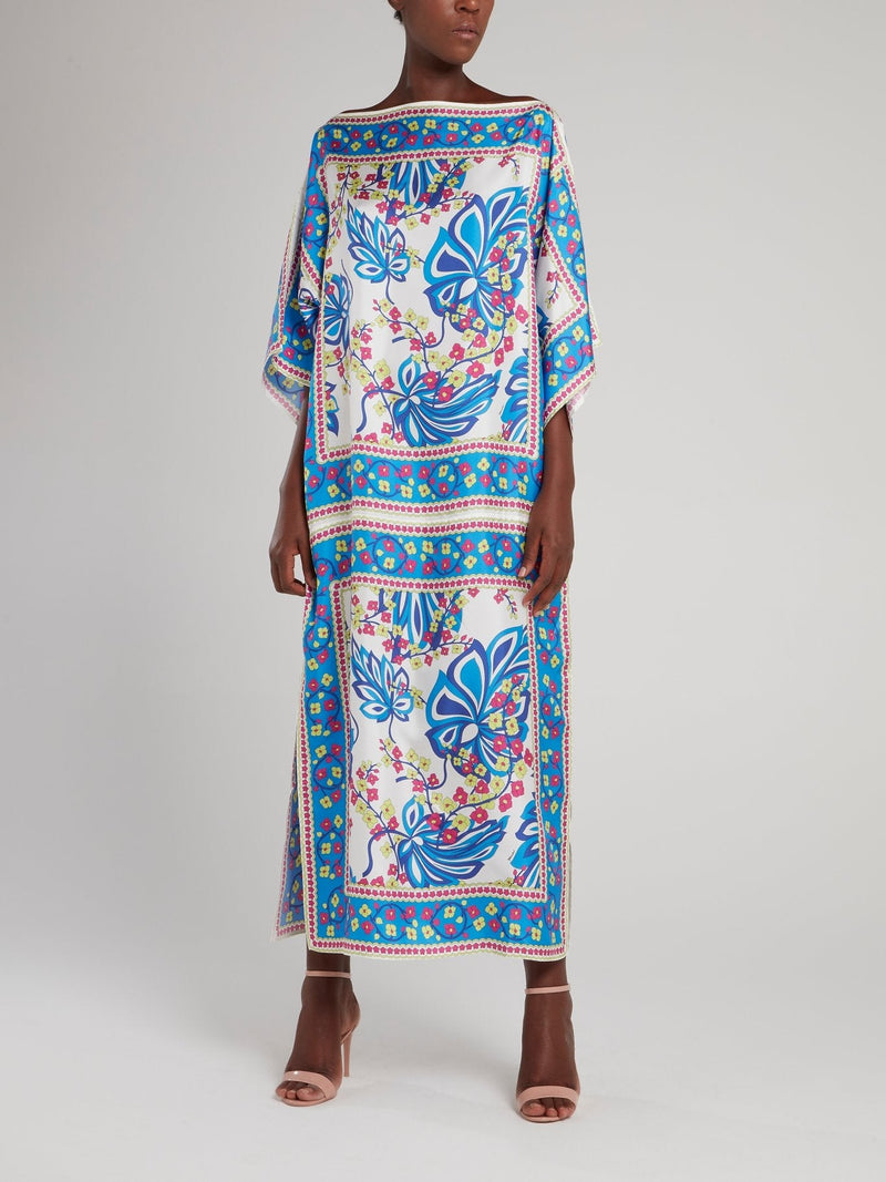 Blue Printed Boat Neck Maxi Dress