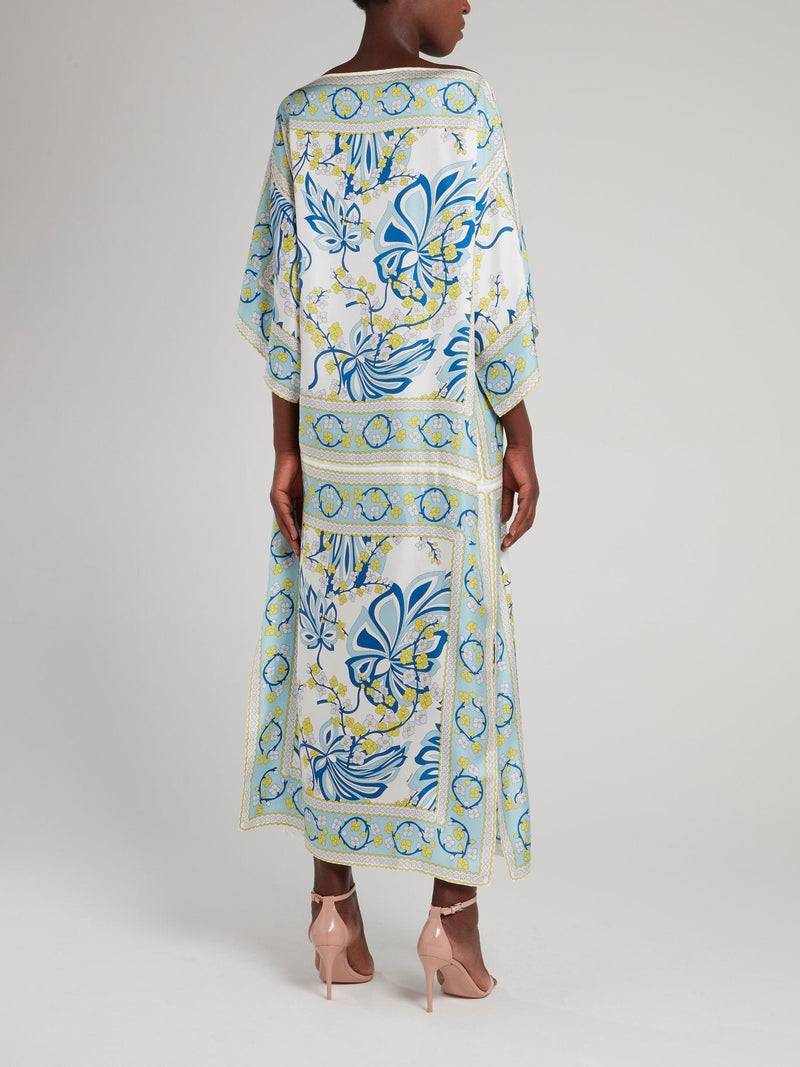 Light Blue Printed Boat Neck Maxi Dress