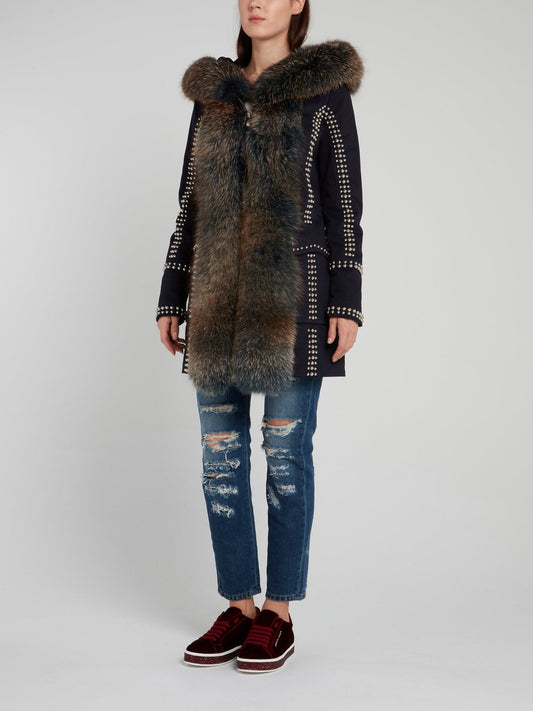 Navy Fur Panel Studded Parka