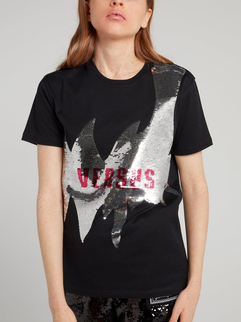 Black Sequin Embellished Logo T-Shirt