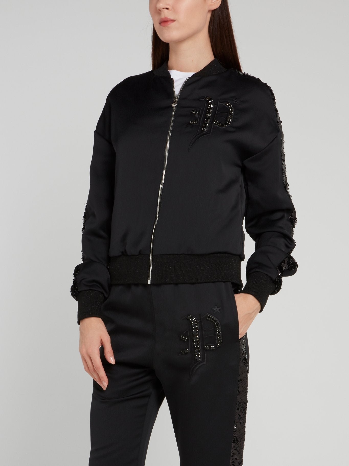 Black Sequin Shoulder Stripe Bomber Jacket