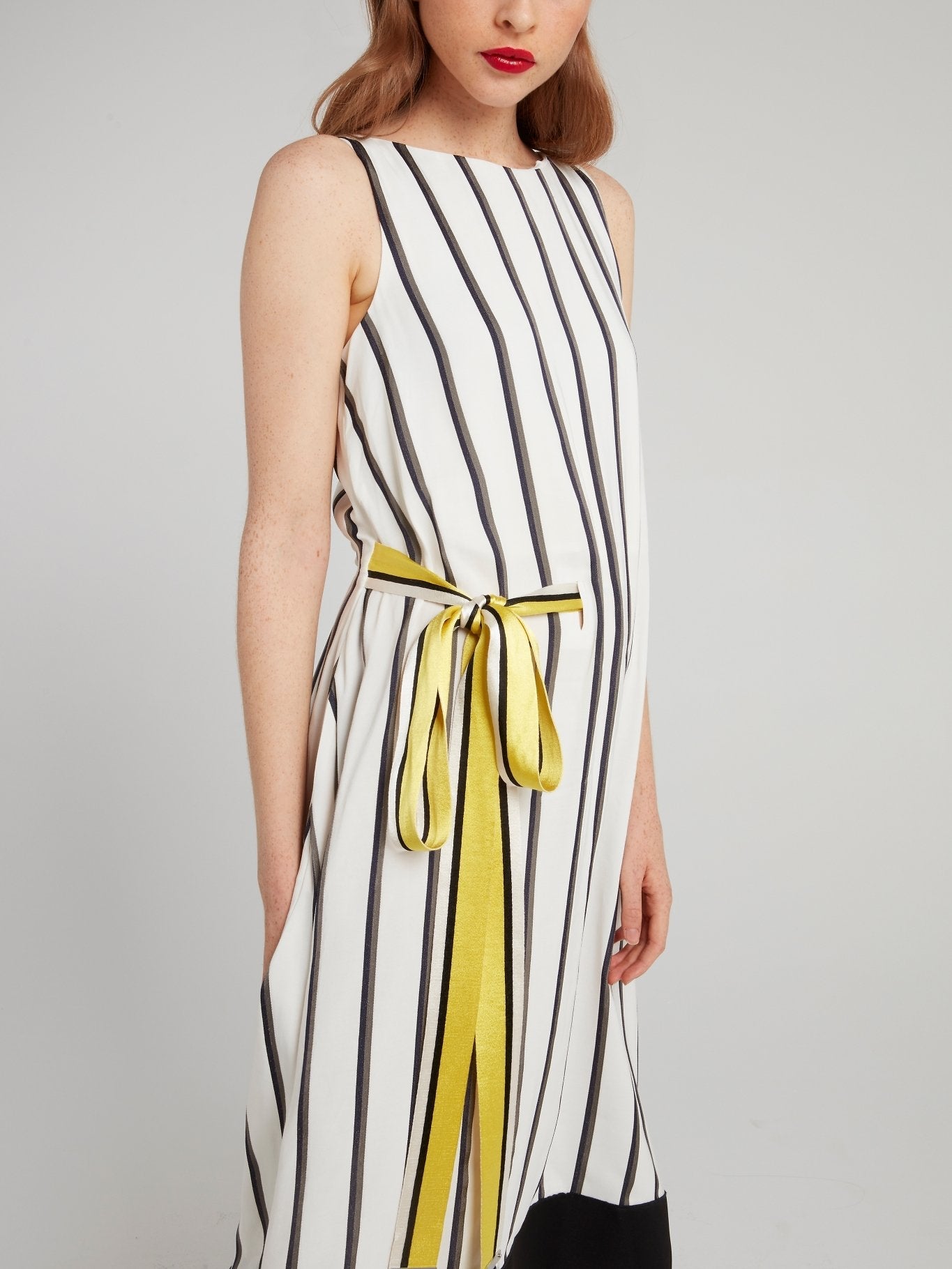 Off White Ribbon Stripe Midi Dress