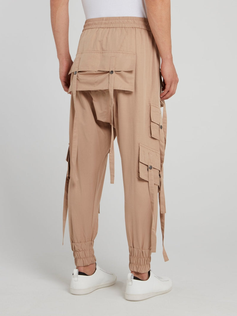 Beige Multi Pocket Drawstring Pants