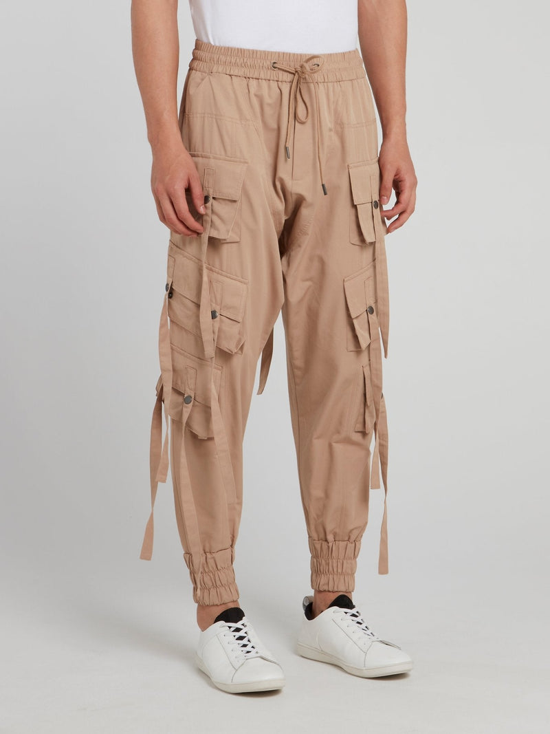 Beige Multi Pocket Drawstring Pants