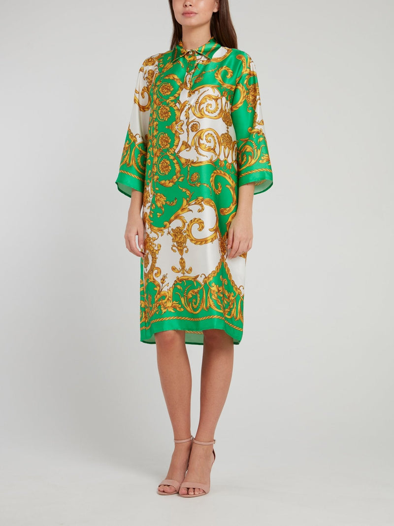 Green Baroque Print Silk Midi Dress