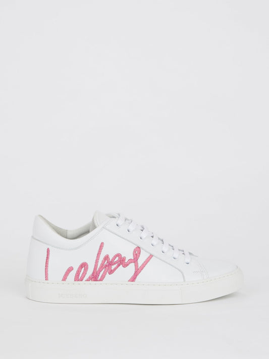 White Logo Embroidered Lace Up Sneakers