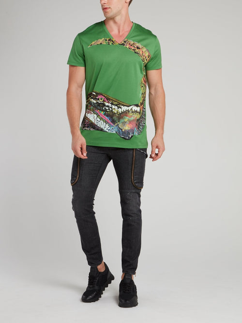 Green Crocodile Print V-Neck Shirt