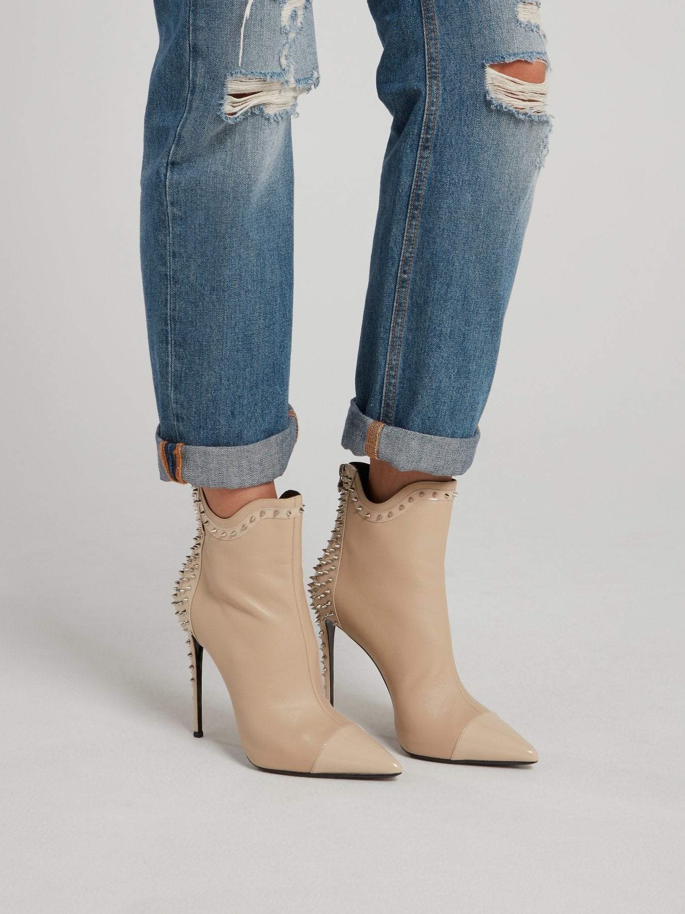 Beige Spike Studded Ankle Boots