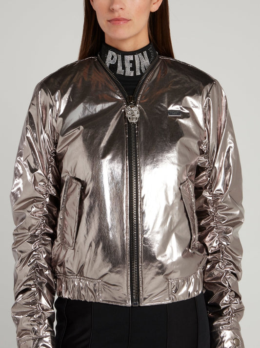 Metallic Ruched Bomber Jacket