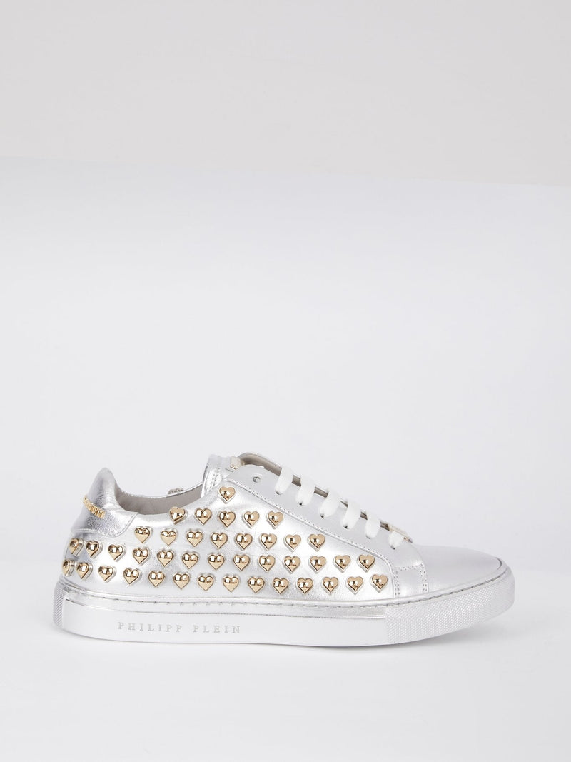 Metallic Heart Studded Lace Up Sneakers