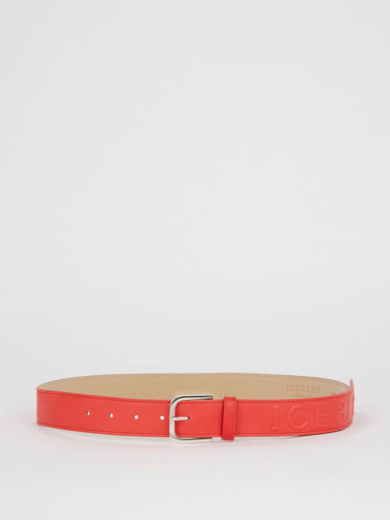 Coral Orange Embossed Logo Leather Belt