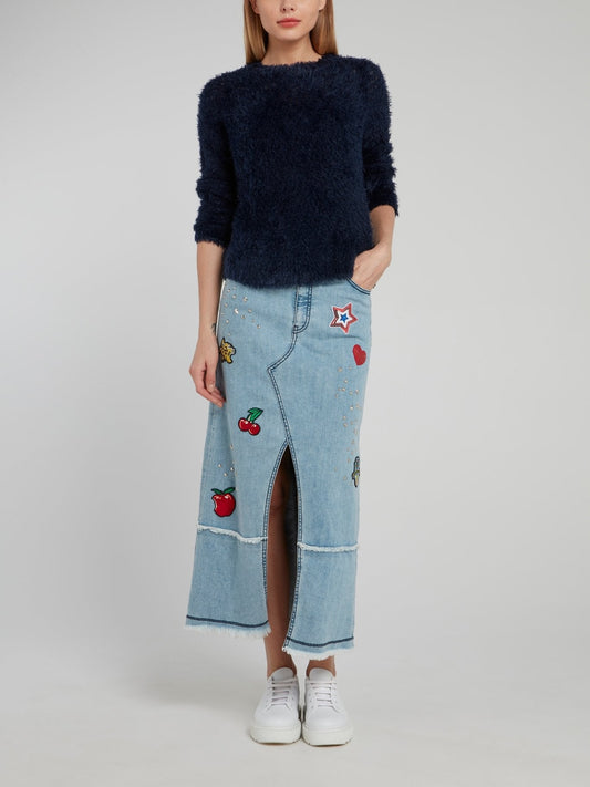 Studded High Slit Frayed Denim Midi Skirt