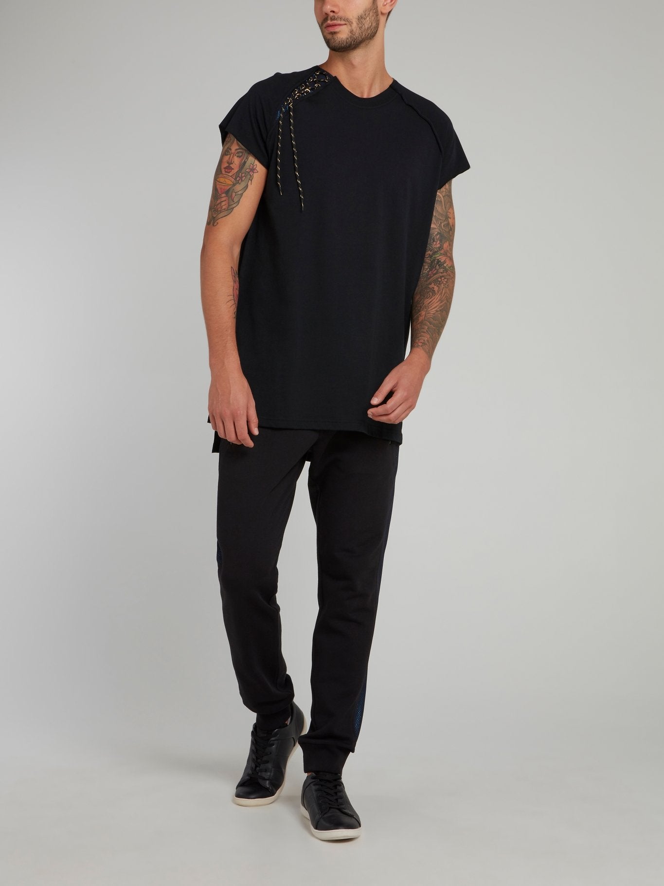 Black Side Stitch Cap Sleeve Shirt