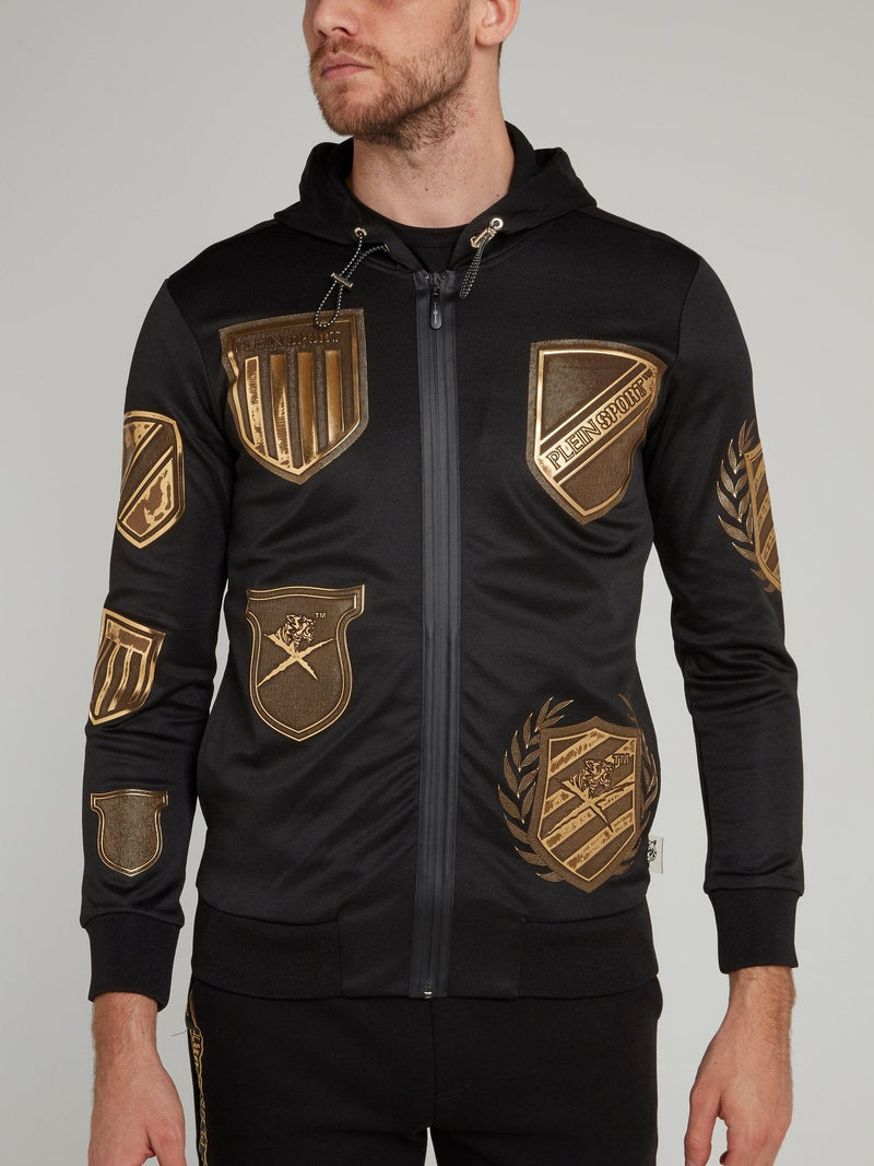 Black and Gold Appliquéd Logo Hooded Sweatshirt