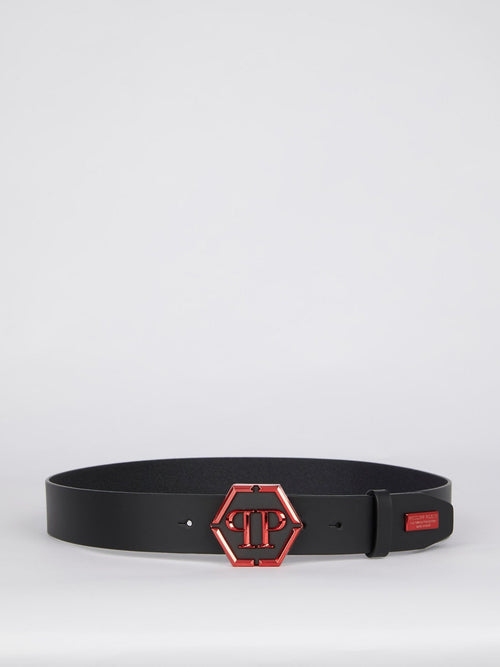 Red Logo Buckle Leather Belt