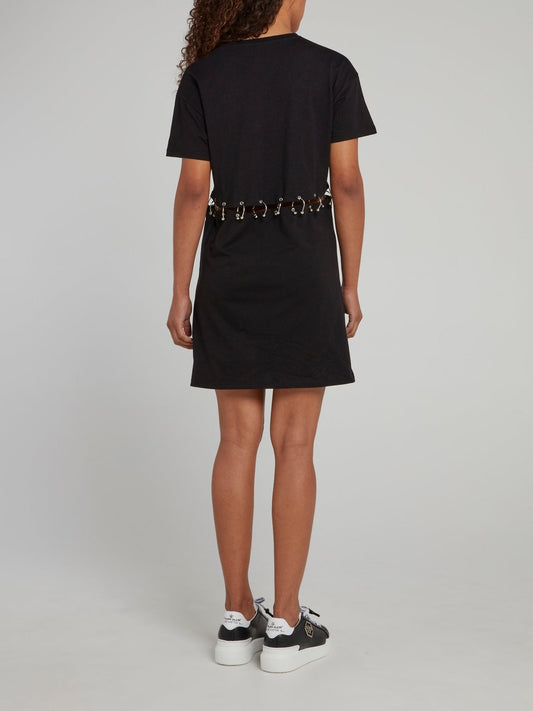 Black Ring Waist Embellished Graphic T-Shirt Dress