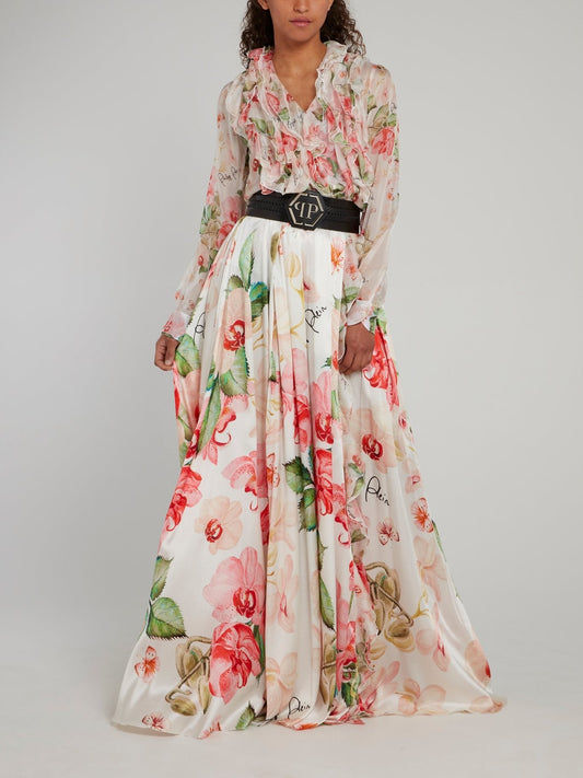 Floral Flared Silk Maxi Skirt