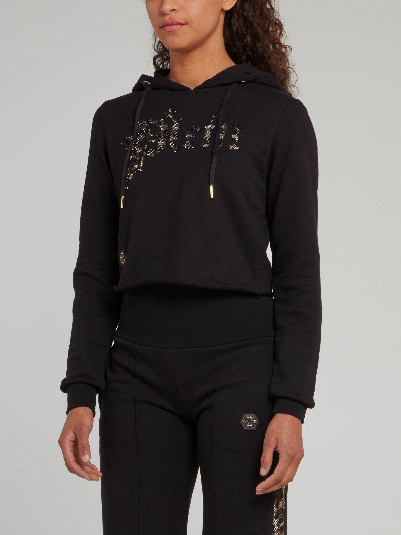 Studded Cropped Drawstring Logo Sweatshirt