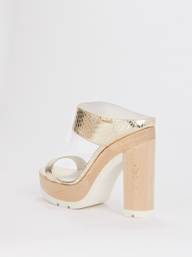 Gold Snake Effect Block-Heel Sandals