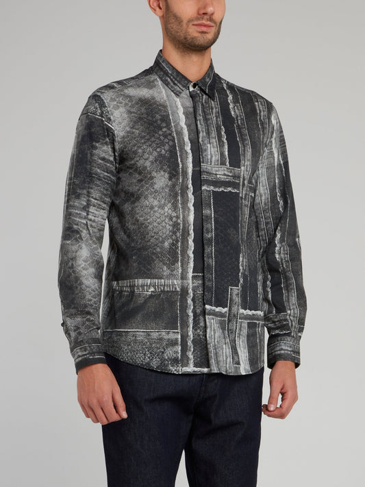 Grey Patch Print Snake Effect Long Sleeve Shirt