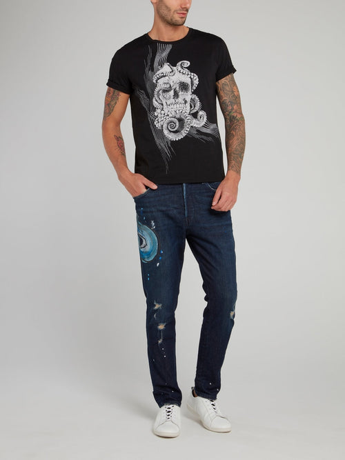 Black Octoskull Print T-Shirt