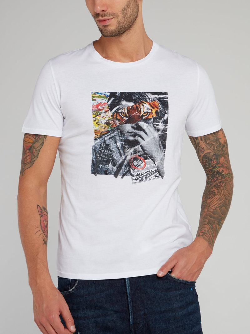 White Collage Print Cotton T-Shirt