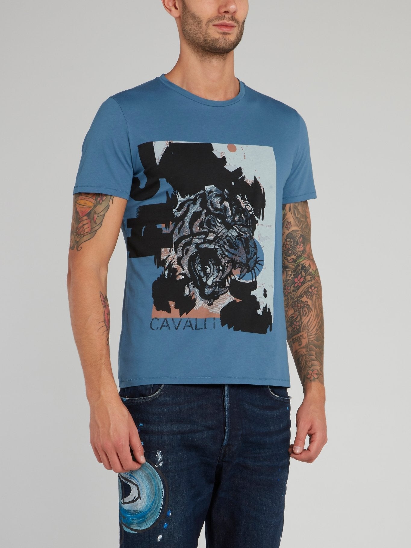 Blue Tiger Print Cotton T-Shirt