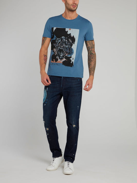 Blue Tiger Print Cotton T-Shirt