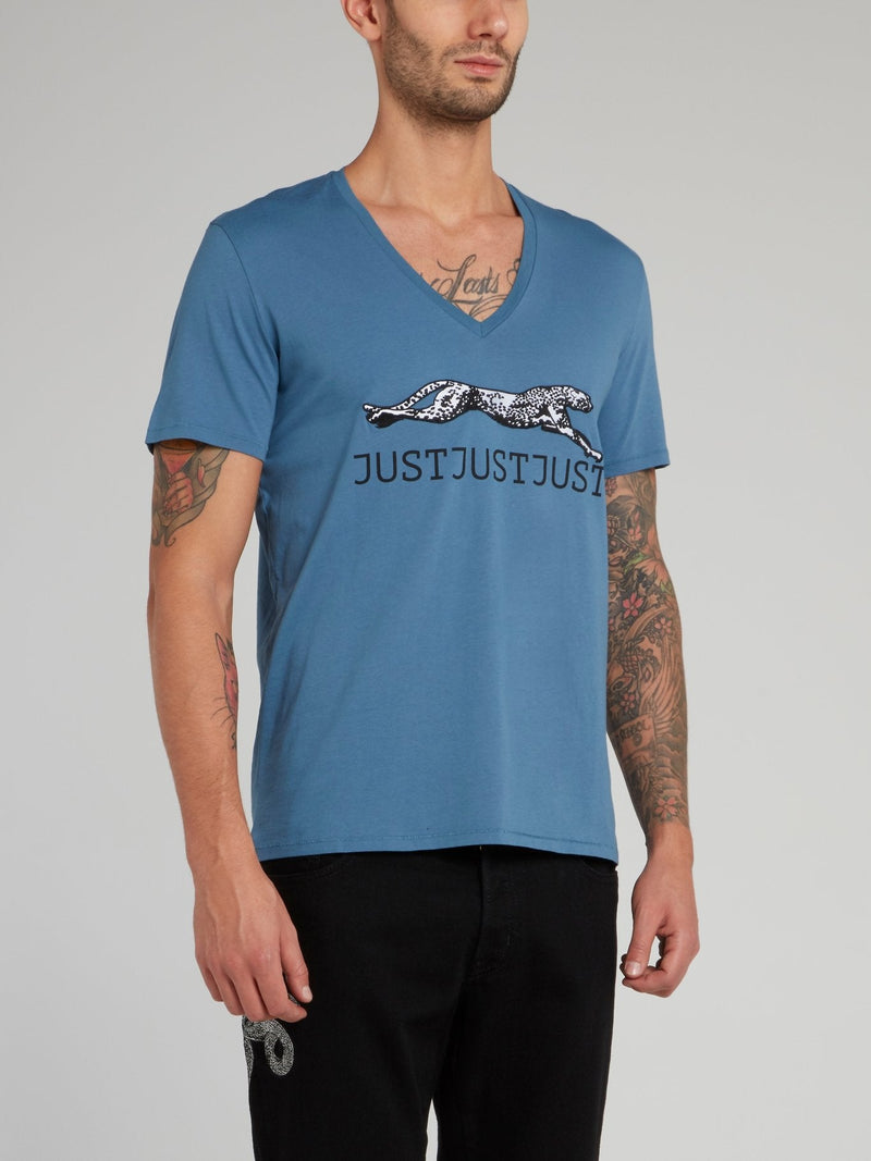 Blue Leopard Print Logo V-Neck T-Shirt