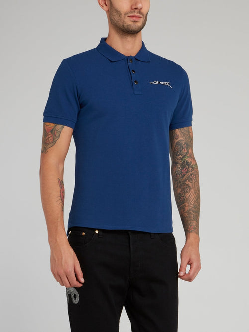 Blue Leopard Logo Cotton Polo Shirt