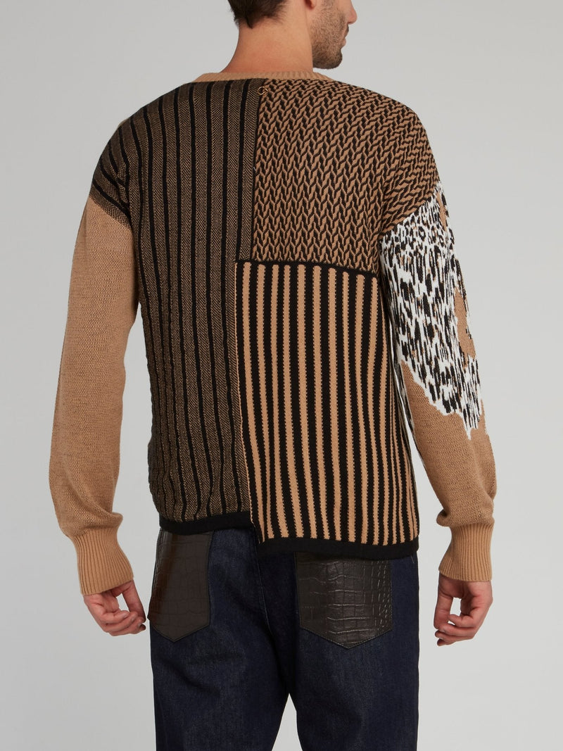 Brown Leopard and Stripes Panel Pullover